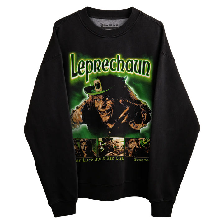 Black leprechaun sweatshirt with green and white graphic design featuring a cartoonish character in a hat. 
