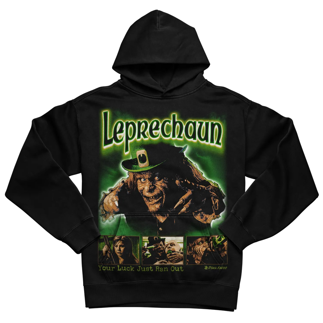 Black hooded sweatshirt with green and yellow graphic design featuring a leprechaun character. 