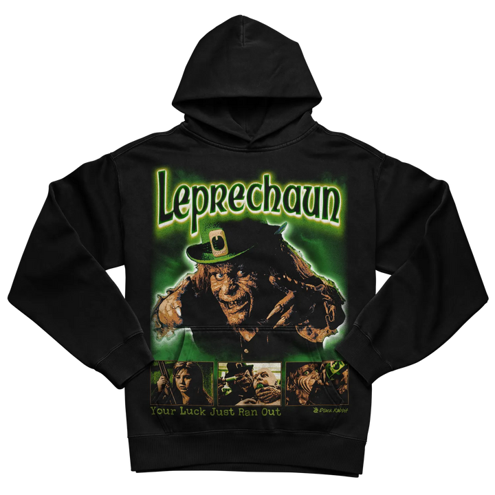 Black hooded sweatshirt with green and yellow graphic design featuring a leprechaun character. 