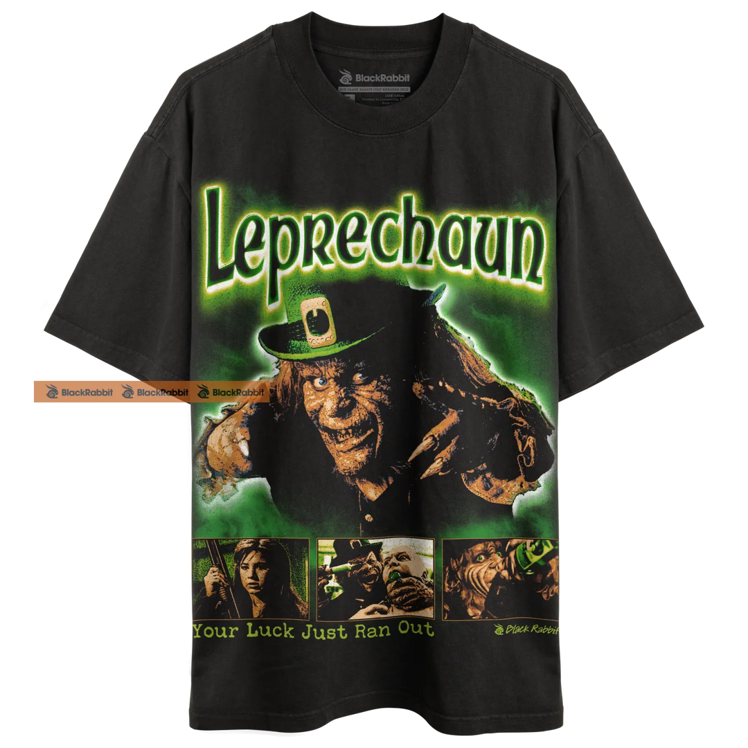 Black t-shirt with Leprechaun movie graphic.
