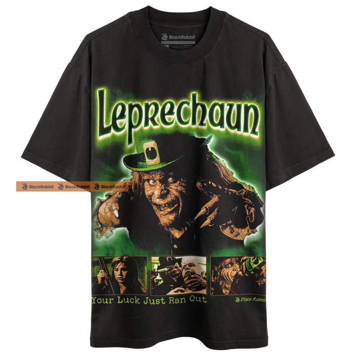 Black t-shirt with Leprechaun movie graphic.