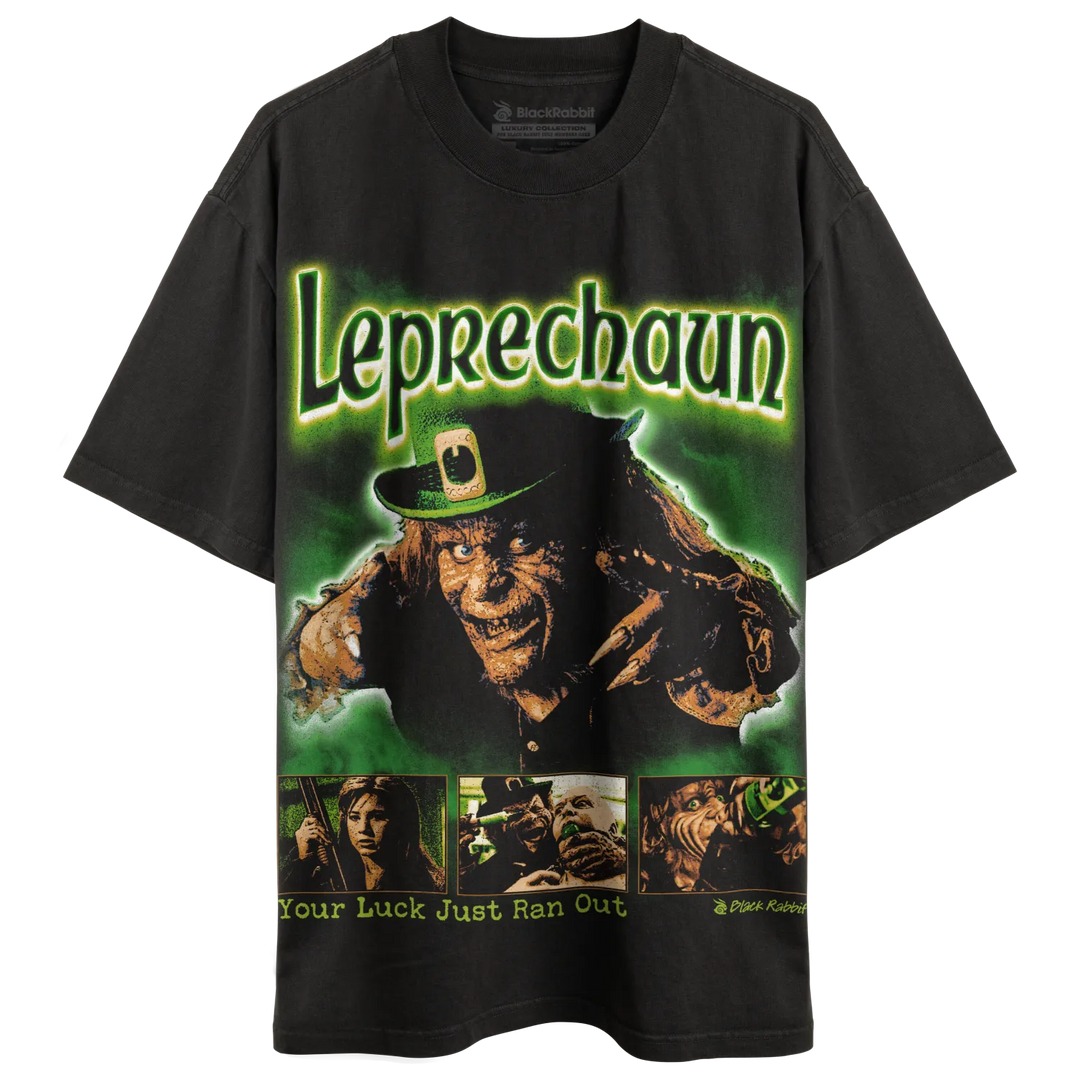 Black t-shirt with a ’Leprechaun’ movie graphic. 