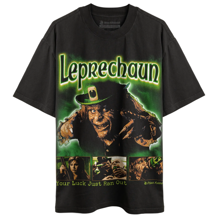 Black t-shirt with a ’Leprechaun’ movie graphic. 