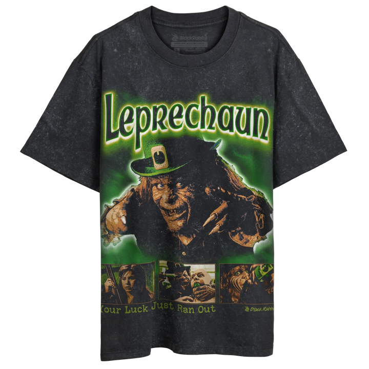 Dark gray t-shirt with a ’Leprechaun’ movie graphic. 