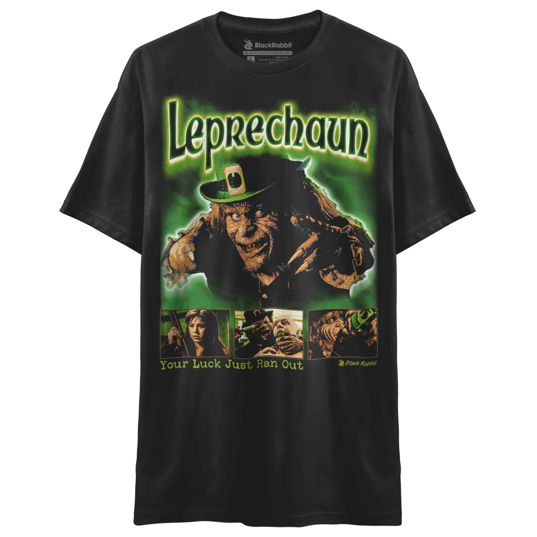 Black t-shirt with a green ’Leprechaun’ movie poster graphic.