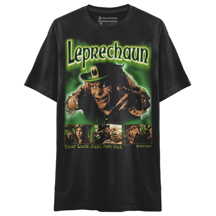 Black t-shirt with a green ’Leprechaun’ movie poster graphic. 
