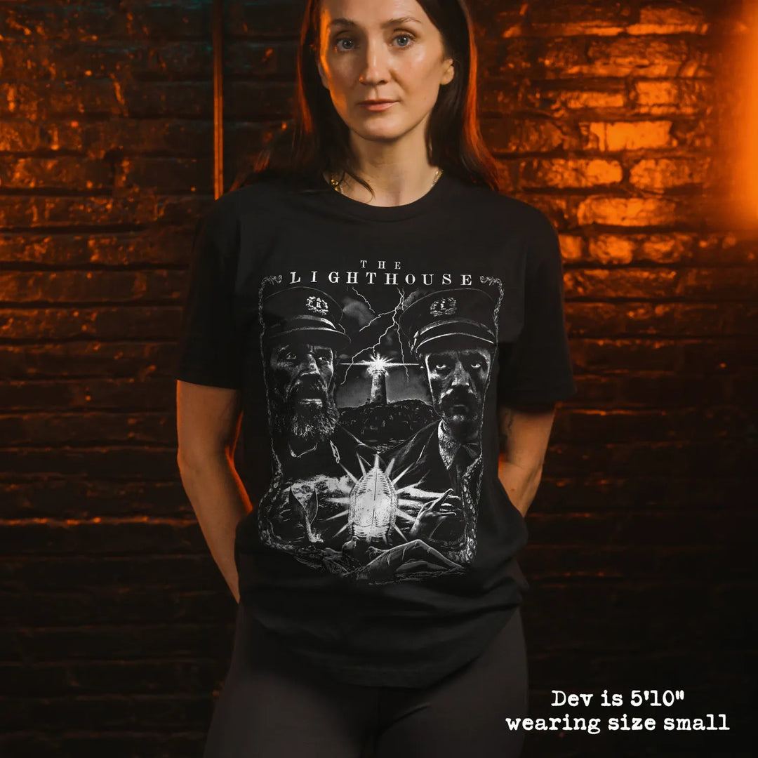 model wear soft premium tee with lighthouse graphic
