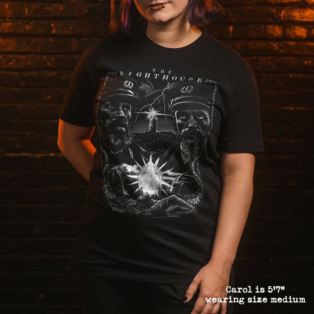model wear soft premium tee with lighthouse graphic
