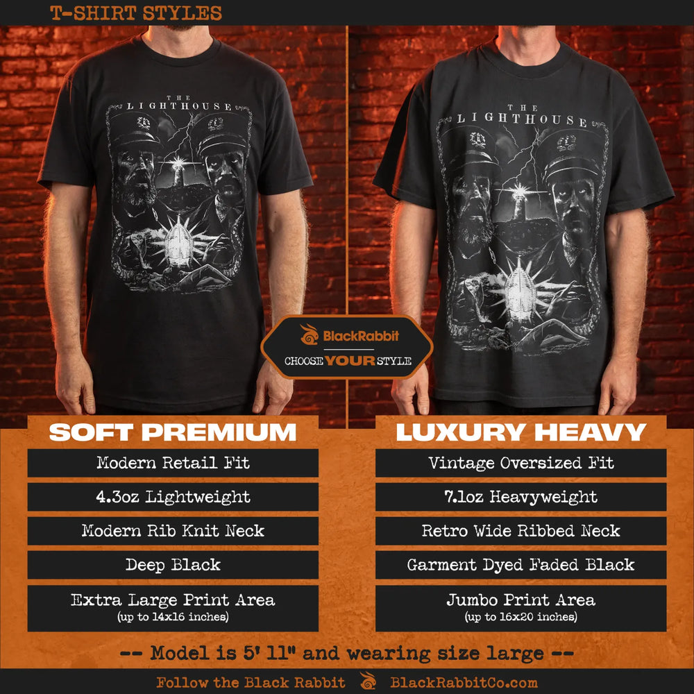 Two black t-shirts, one premium fitted and one luxury oversized, both featuring the ’The Lighthouse’ graphic print.