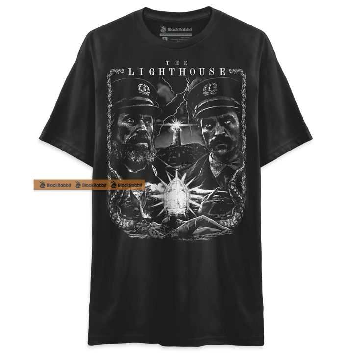 Black t-shirt with ’The Lighthouse’ graphic.