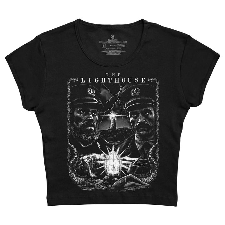 Black cropped t-shirt featuring a detailed white graphic of two lighthouse keepers with an octopus and a glowing lantern, printed by blackshot. 
