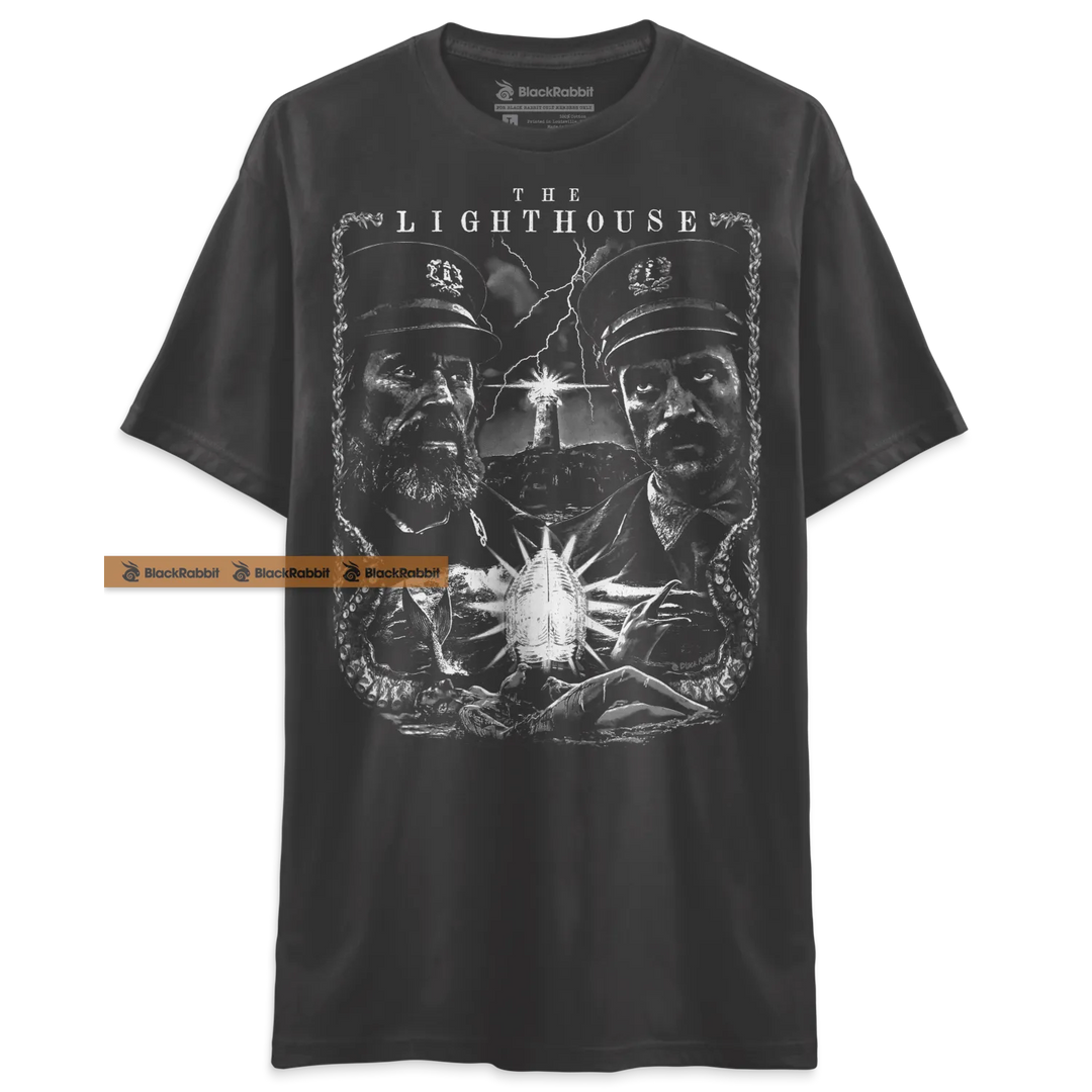 Gray t-shirt with ’The Lighthouse’ graphic.