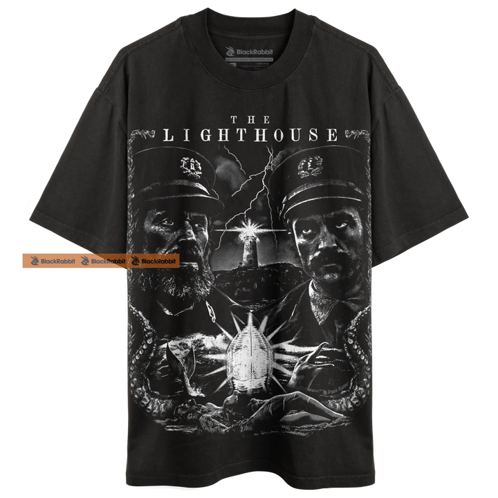 Black t-shirt with ’The Lighthouse’ graphic.