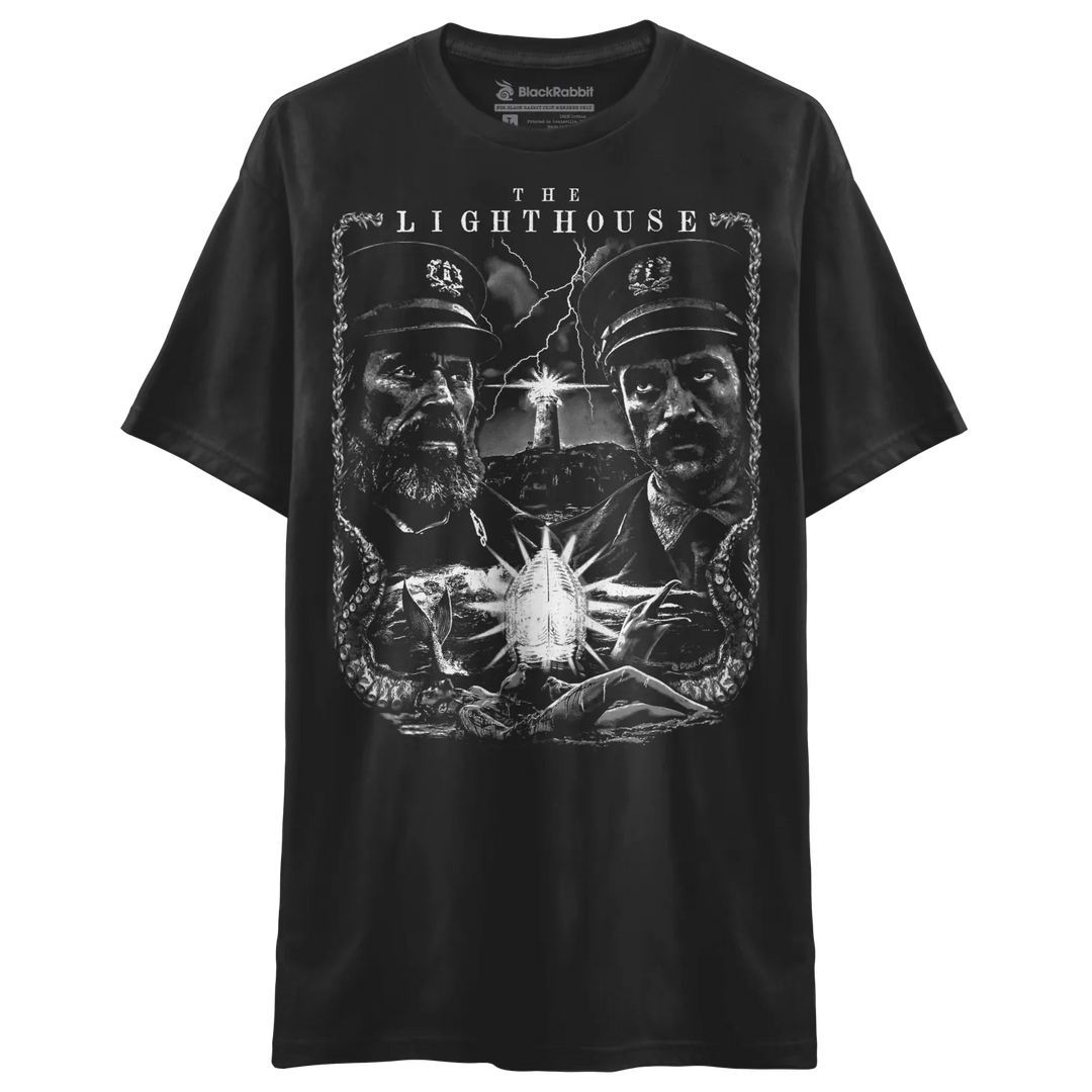 Black t-shirt with a monochrome graphic print of two lighthouse keepers, a lighthouse, and a glowing, spiky object.