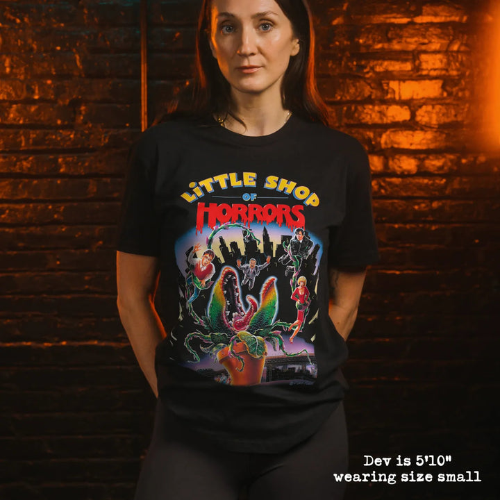 model wear soft premium tee with little shop of horrors graphic