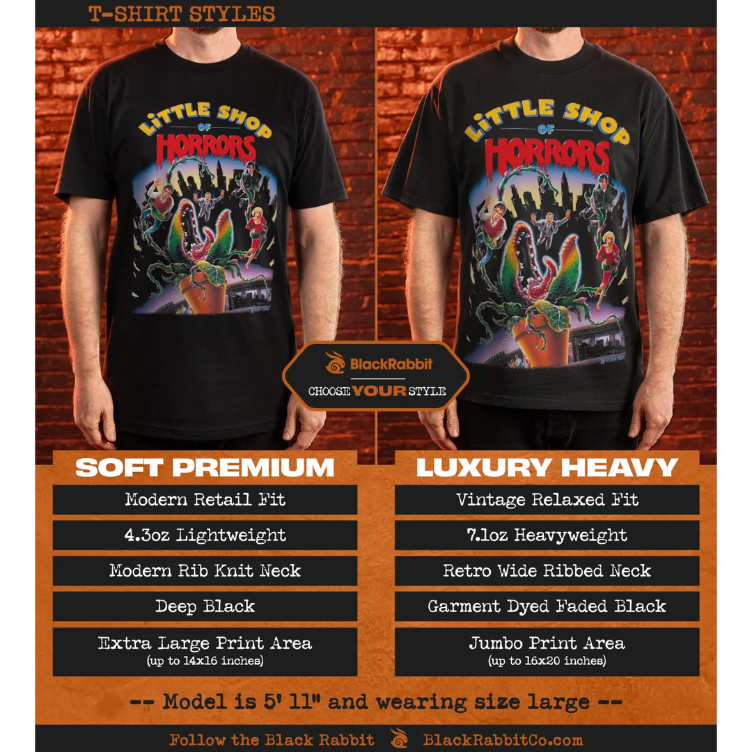 Two ’Little Shop of Horrors’ t-shirts with different fits and weights.