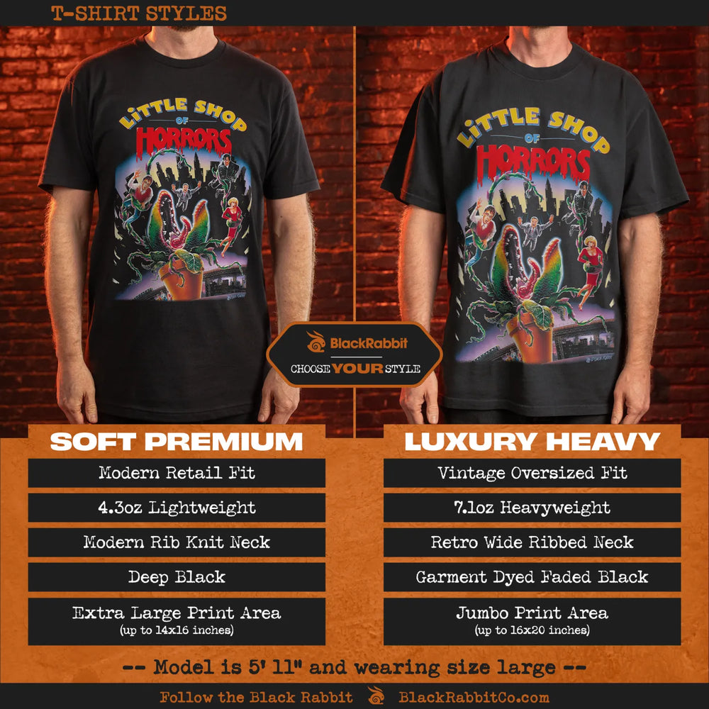 Two black ’Little Shop of Horrors’ t-shirts with different fits and fabric weights.