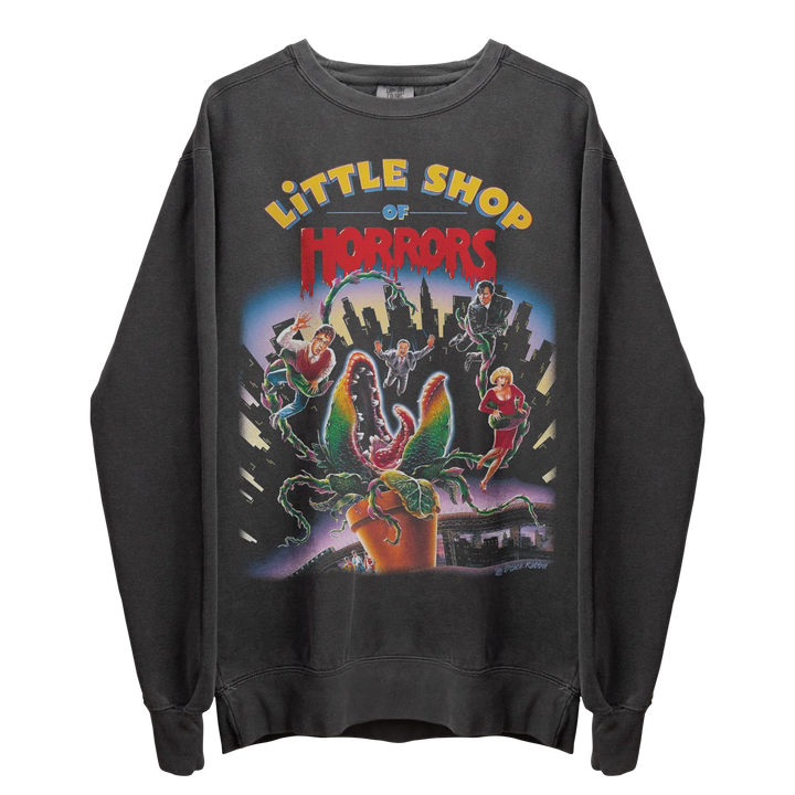 Dark gray sweatshirt with a ’Little Shop of Horrors’ graphic print.