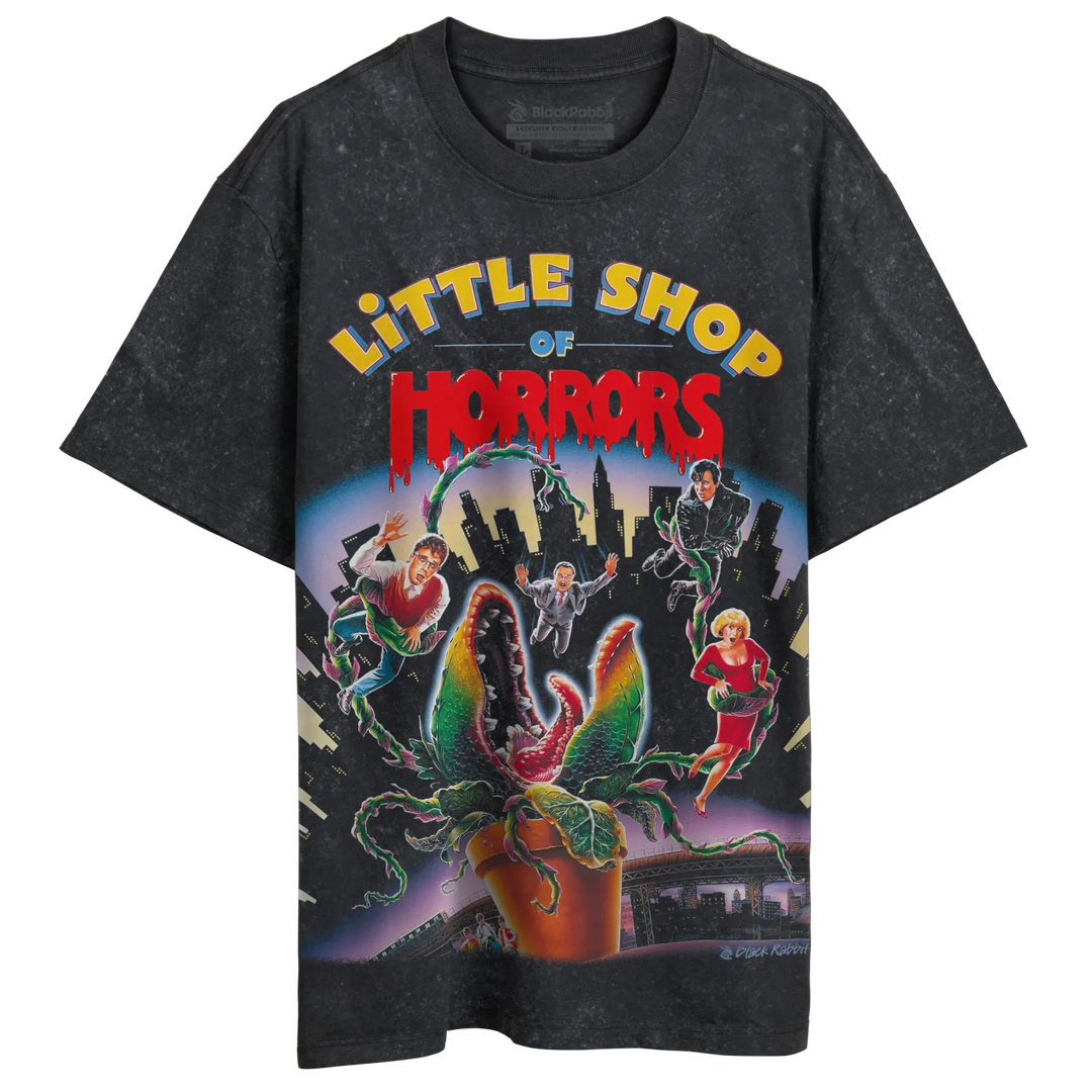 Dark gray t-shirt with a colorful ’Little Shop of Horrors’ graphic.