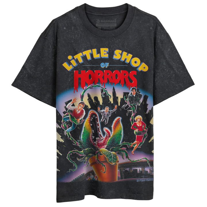Dark gray t-shirt with a colorful ’Little Shop of Horrors’ graphic.