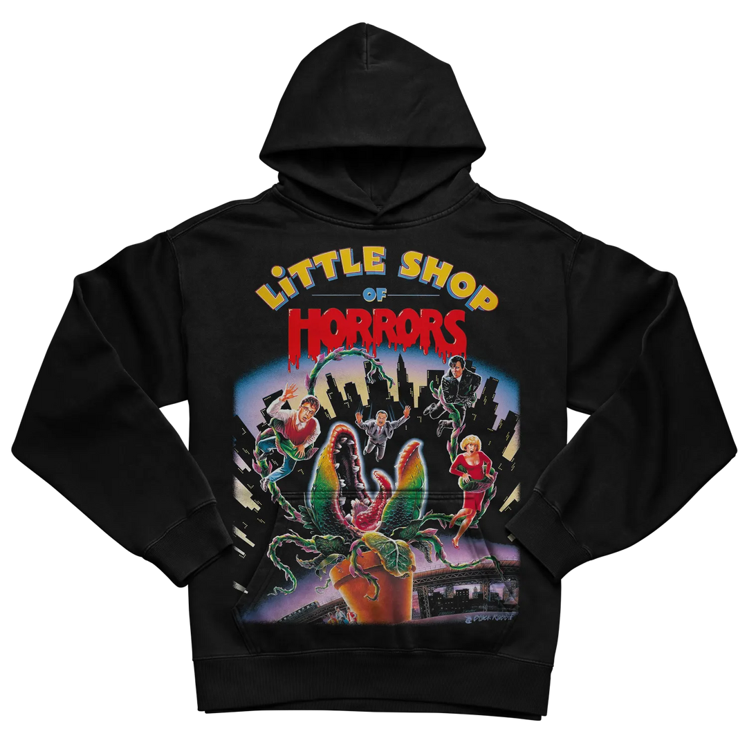 Black hoodie with ’little shop of horrors’ graphic design featuring a plant and characters. 