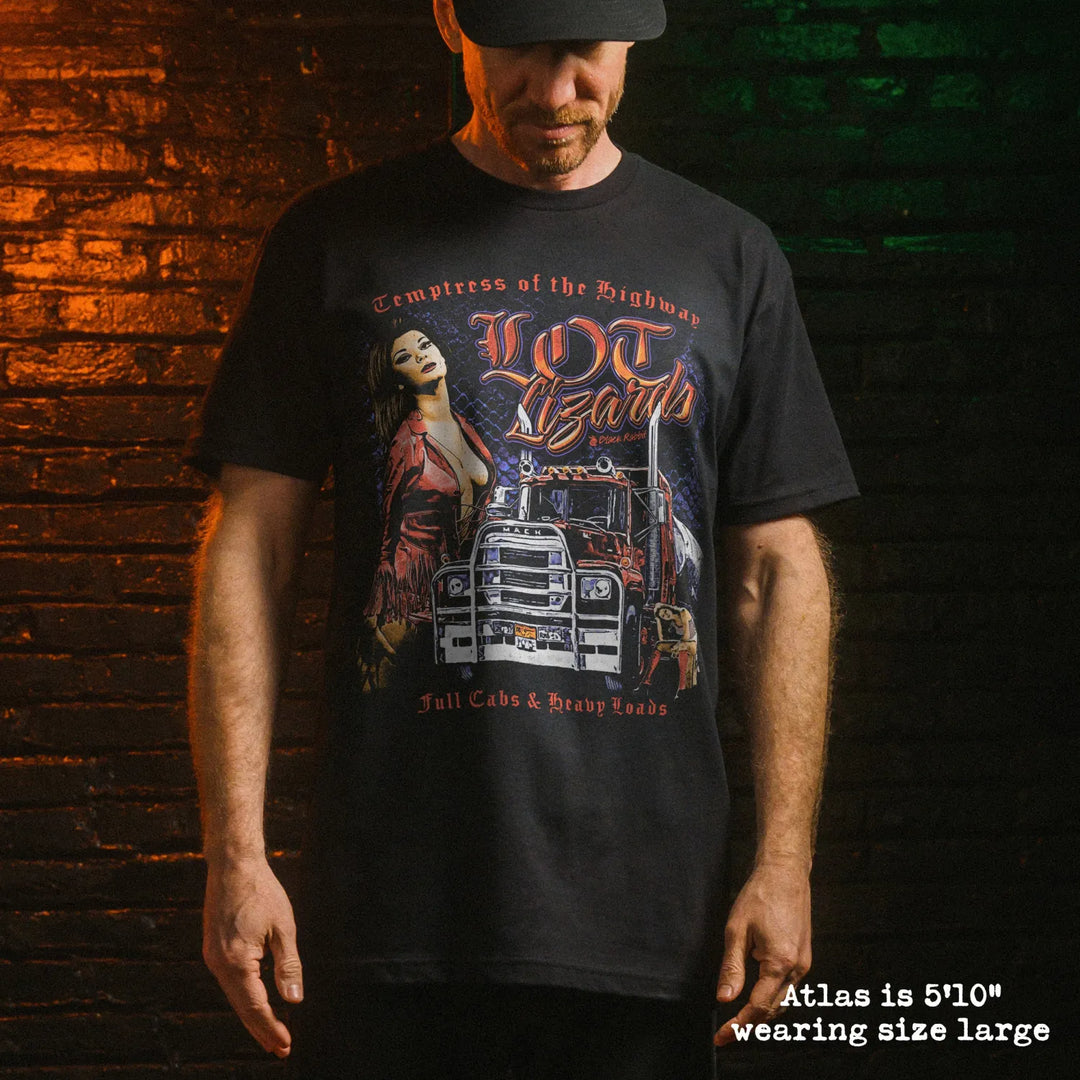 Male model wear soft premium tee with lot lizards graphic
