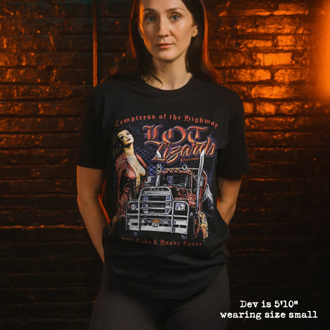 model wear soft premium tee with lot lizards graphic
