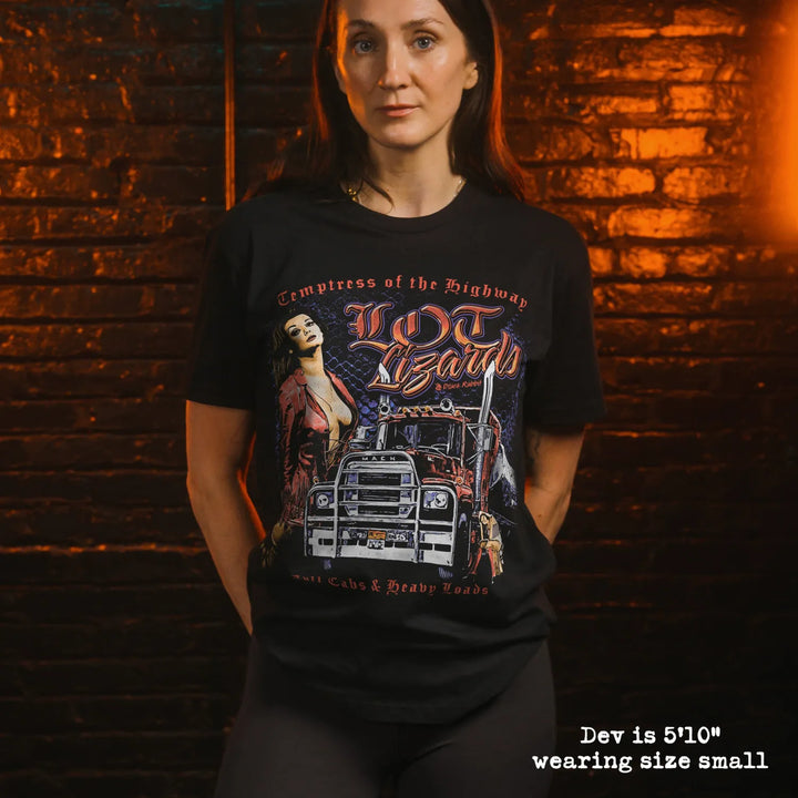 model wear soft premium tee with lot lizards graphic
