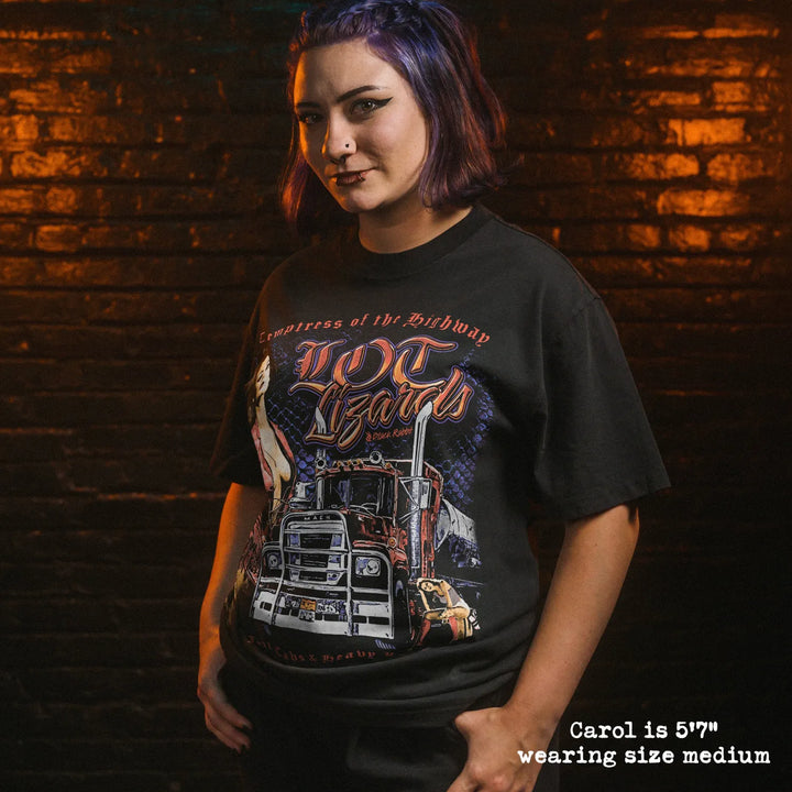 Model wearing heavy tee with lot lizards graphic 