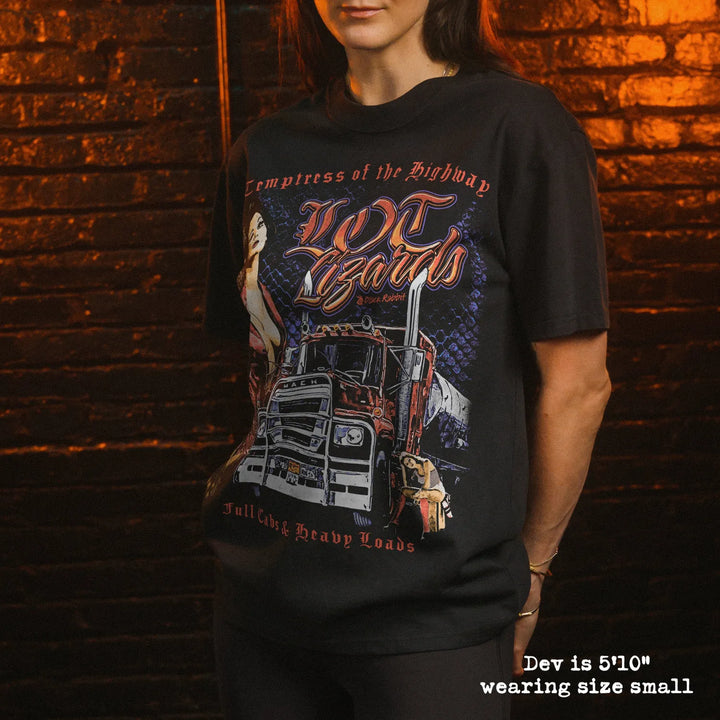 Model wearing heavy tee with lot lizards graphic 