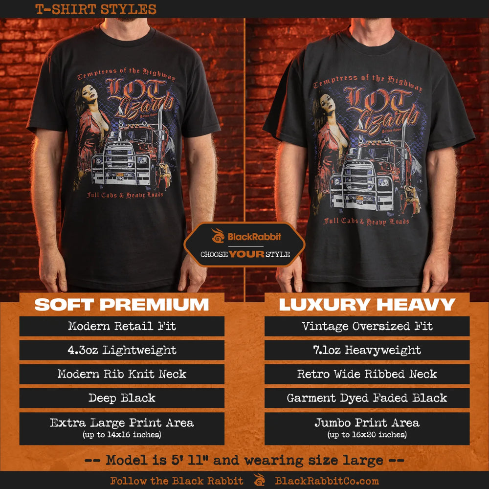Black t-shirt with graphic design of a woman and truck, 4.3oz lightweight material, modern retail fit, deep black color, retro wide ribbed neck, jumbo print area up to 20x16 inches, vintage oversized