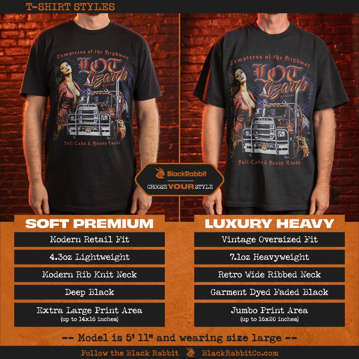 Black t-shirt with graphic design of a woman and truck, 4.3oz lightweight material, modern retail fit, deep black color, retro wide ribbed neck, jumbo print area up to 20x16 inches, vintage oversized