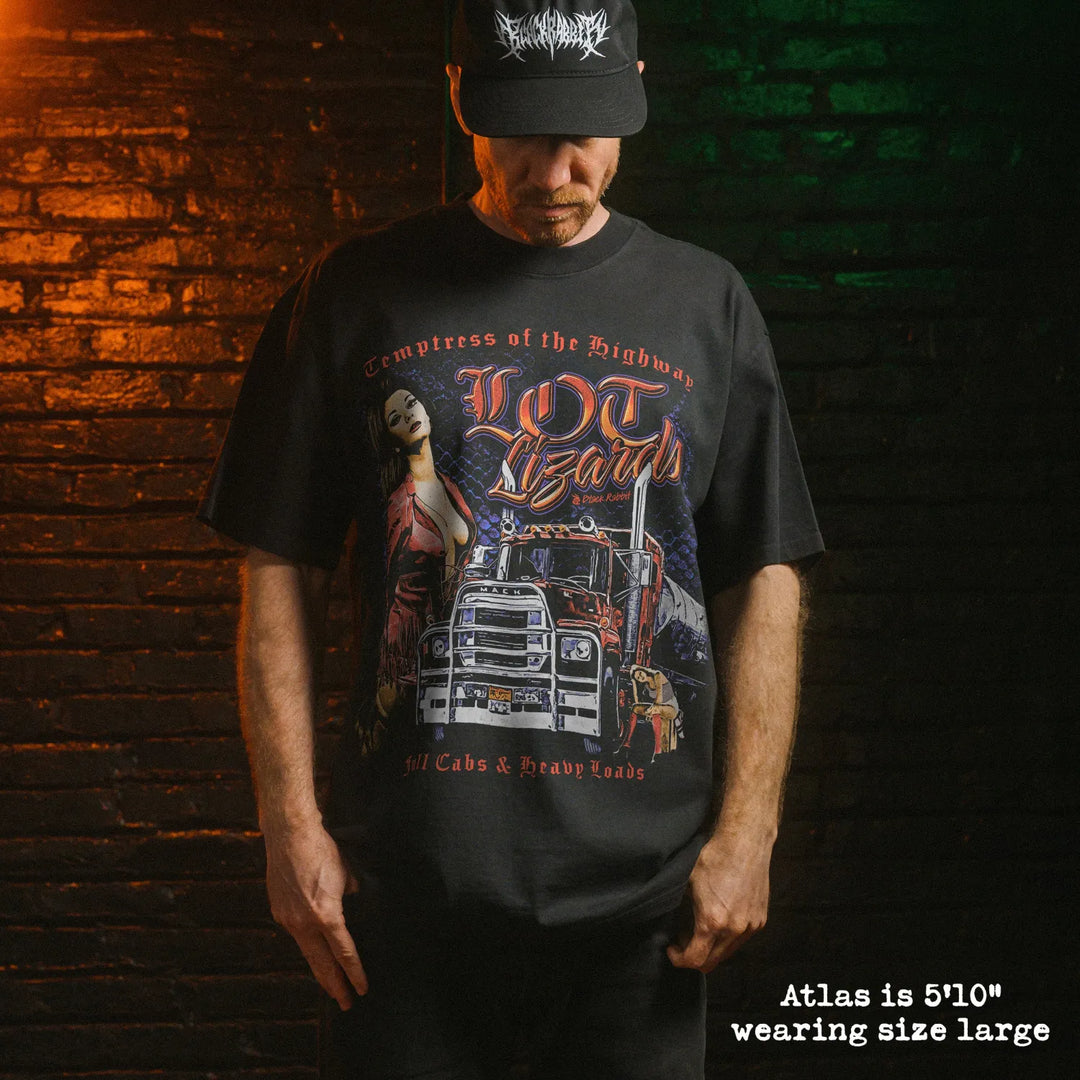 Model wearing heavy tee with lot lizards graphic 