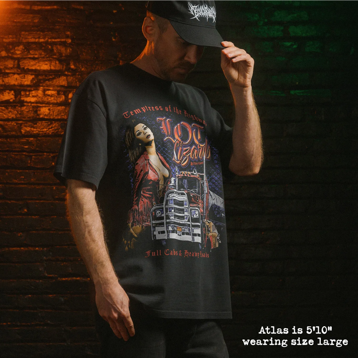 Model wearing heavy tee with lot lizards graphic 