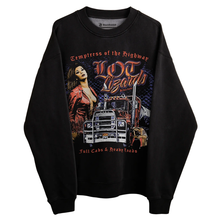 Black long-sleeved sweatshirt with graphic design featuring a woman and truck, ’trampress of the highway’ text.