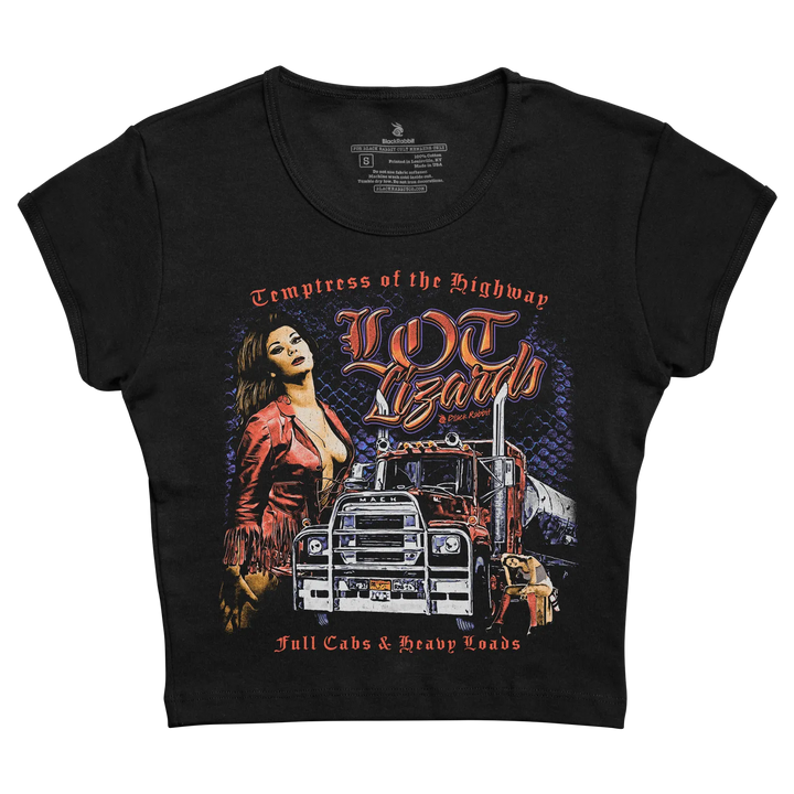 Black short-sleeved t-shirt featuring a graphic of a woman in red leather with the text ’temptress of the highway’ and ’hot lizards,’ depicting a mack truck.