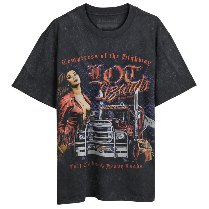 Black distressed graphic tee with a truck and woman design, featuring ’empress of the highway’ text.