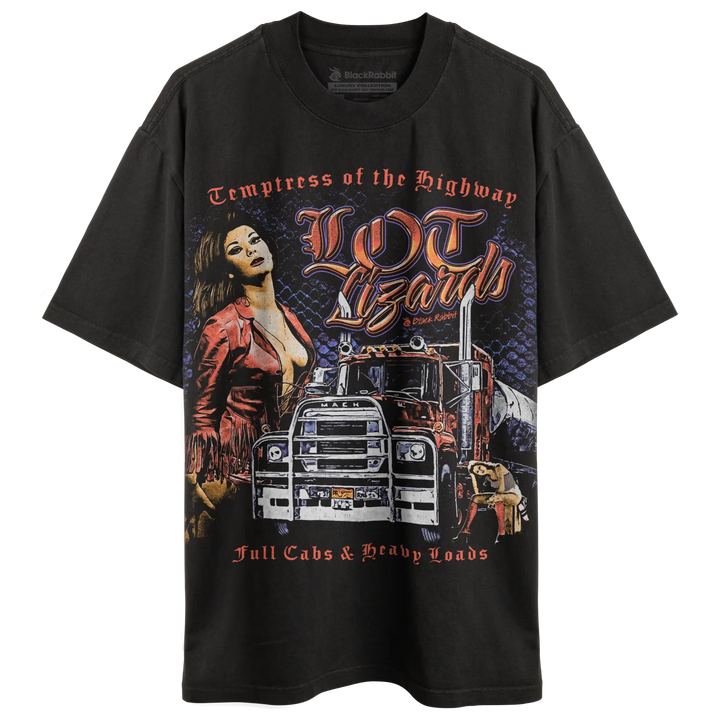 Black graphic tee with a bold truck and woman design, featuring ’temptress of the highway’ text.