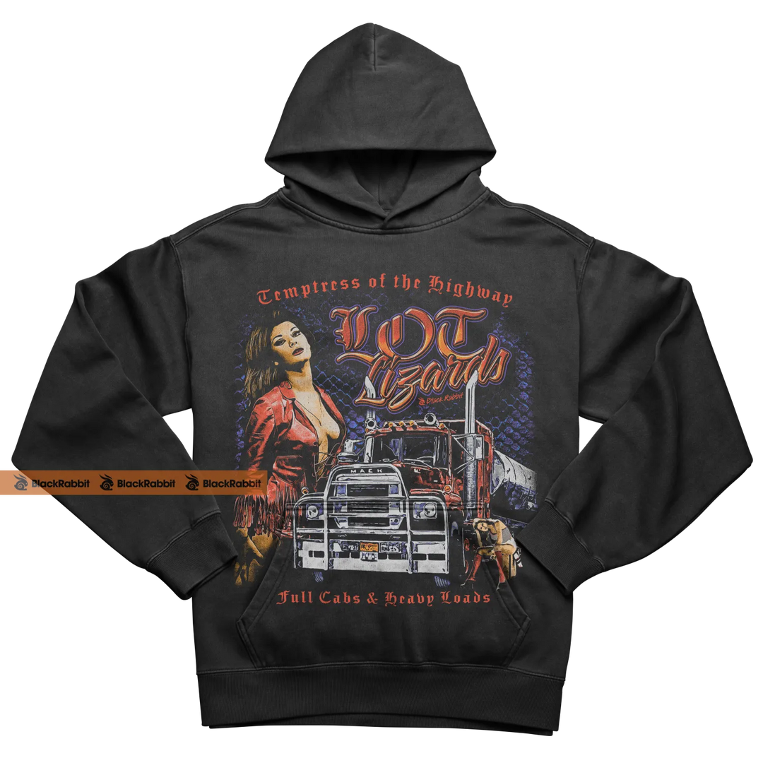 Black hoodie with graphic design of a woman and truck, featuring bold text ’l.o.t.