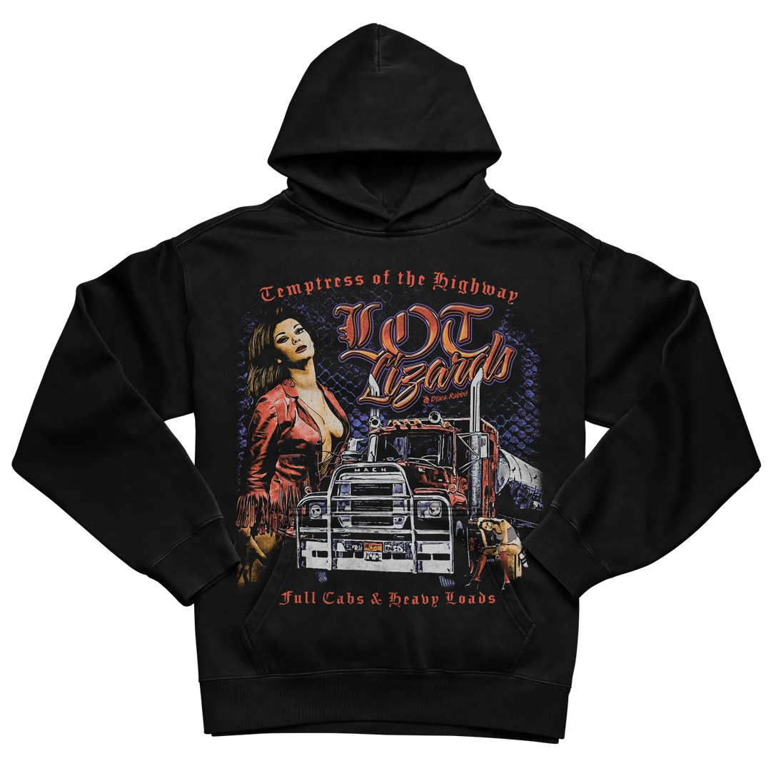 Black hoodie with graphic design of a woman and truck, featuring bold text ’trampress of the highway’ in red.