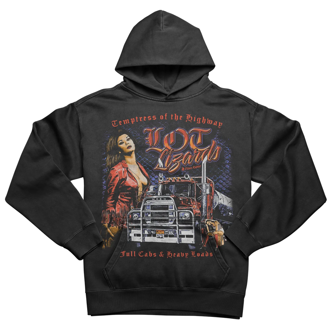 Black hoodie with graphic design of a woman and truck, featuring bold text ’l.o.t.