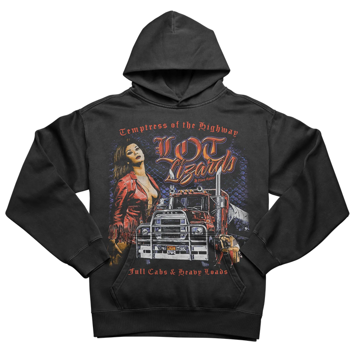 Black hoodie with graphic design of a woman and truck, featuring bold text ’l.o.t.