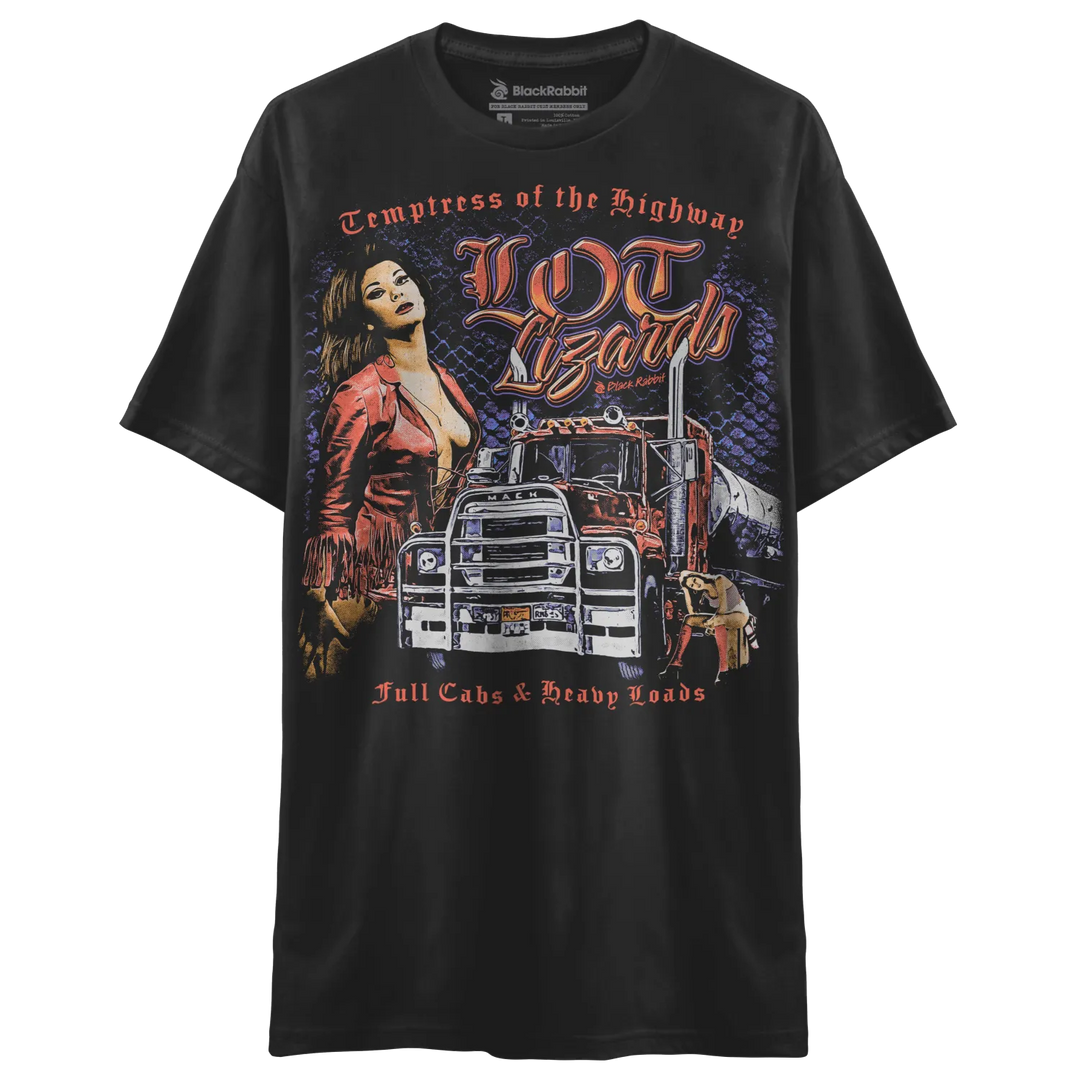 Black t-shirt with graphic design of a woman and truck, featuring the text ’loot lizards’ in red.
