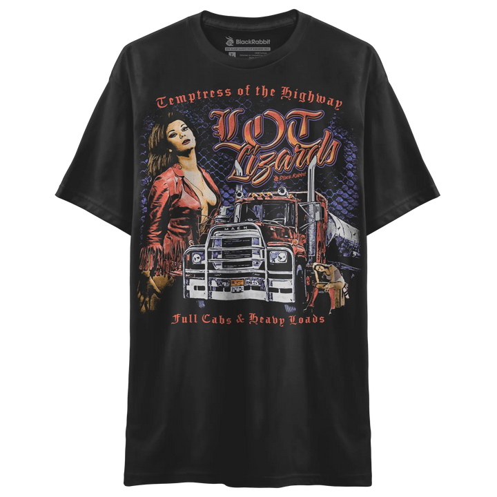 Black t-shirt with graphic design of a woman and truck, featuring the text ’loot lizards’ in red.