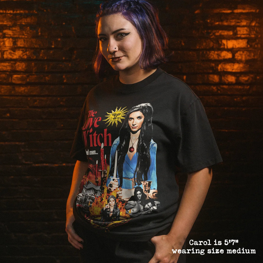 Model wearing heavy tee with love witch graphic 