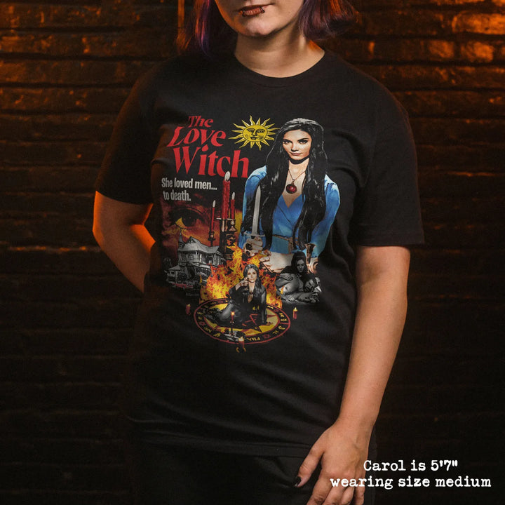 model wear soft premium tee with the love witch graphic
