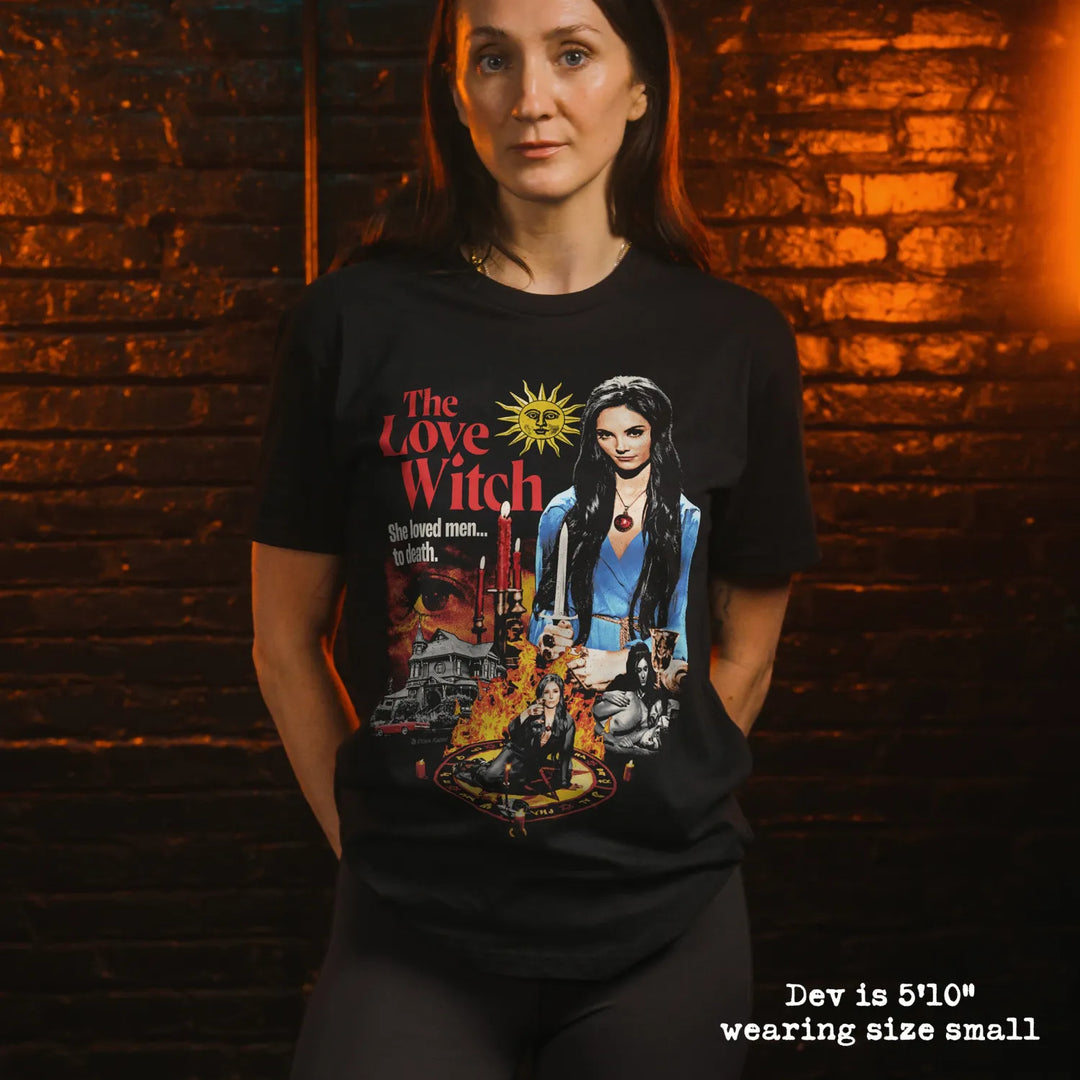 model wear soft premium tee with the love witch graphic
