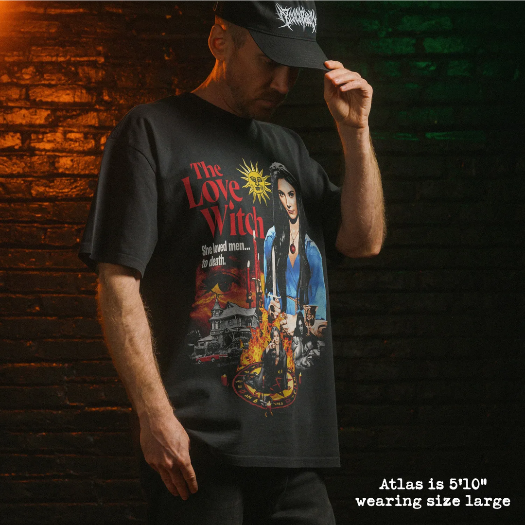 Model wearing heavy tee with love witch graphic 