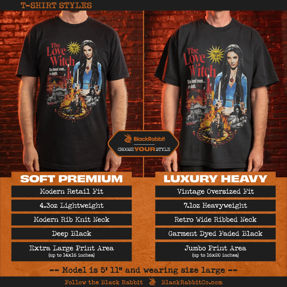 Comparison of two black t-shirt styles with a ’The Love Witch’ graphic.
