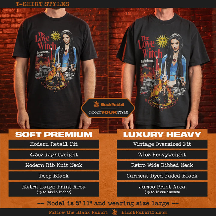 Comparison of two black t-shirt styles with a ’The Love Witch’ graphic.